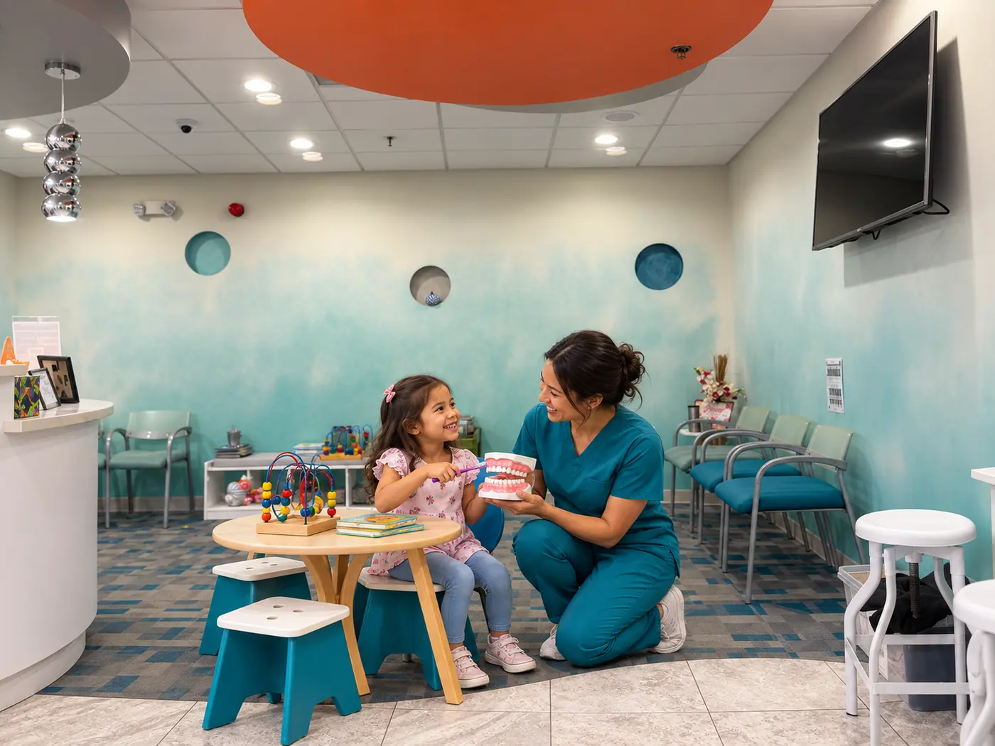 Dental professional helping a child learn about healthy smiles in the Woodbridge office